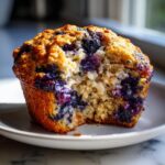Close-up of a moist cottage cheese blueberry muffin with a bite taken out, showing the texture and fruit.