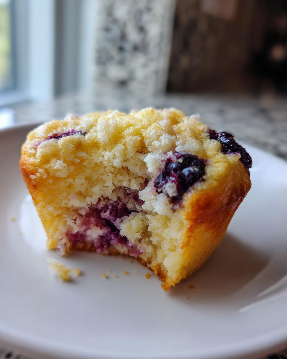 Close-up of a cottage cheese blueberry muffin with a bite taken out, showing moist interior and crumb topping.