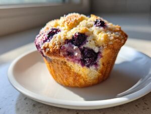 A single, golden-brown cottage cheese blueberry muffin with a crumbly streusel top, sitting on a white plate.