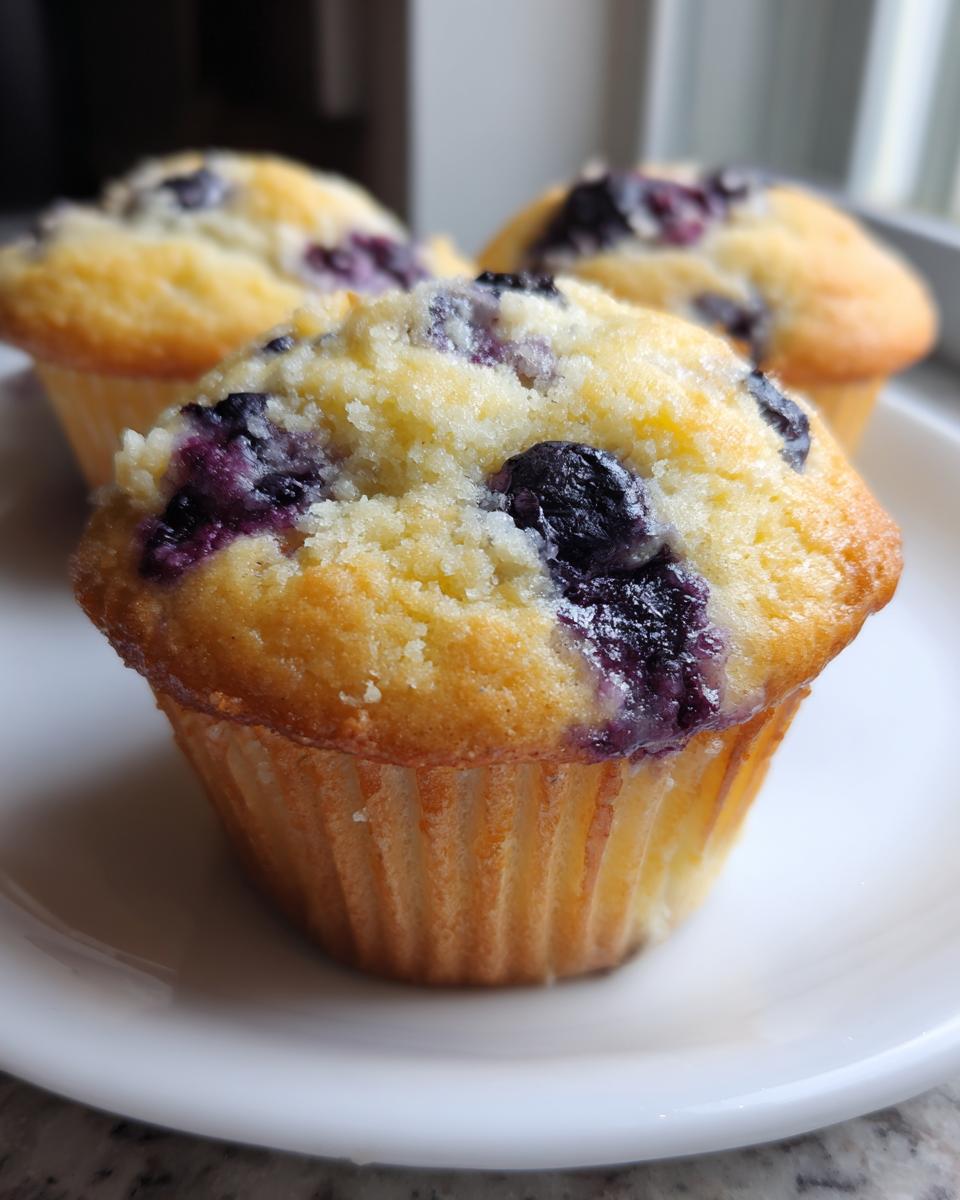 A close-up of freshly baked cottage cheese blueberry muffins with a sugary topping on a white plate.