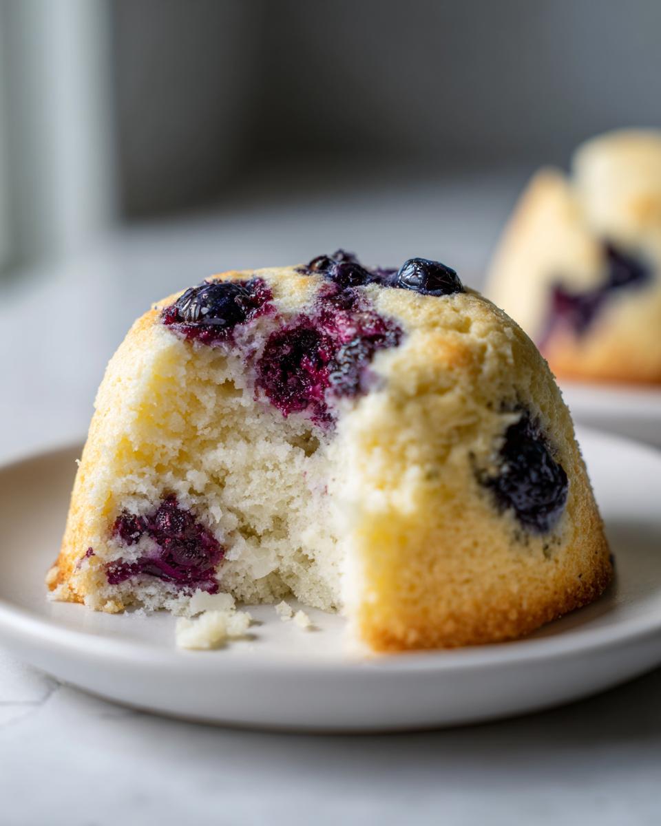 Close-up of a cottage cheese blueberry muffin with a bite taken out, showing the moist interior and burst blueberries.