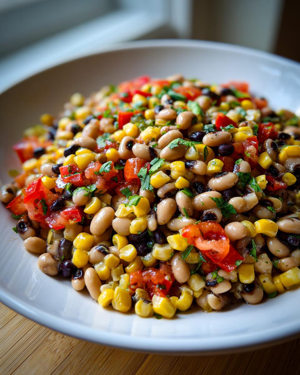 Close-up of a vibrant cowboy caviar recipe featuring black-eyed peas, corn, tomatoes, and cilantro.