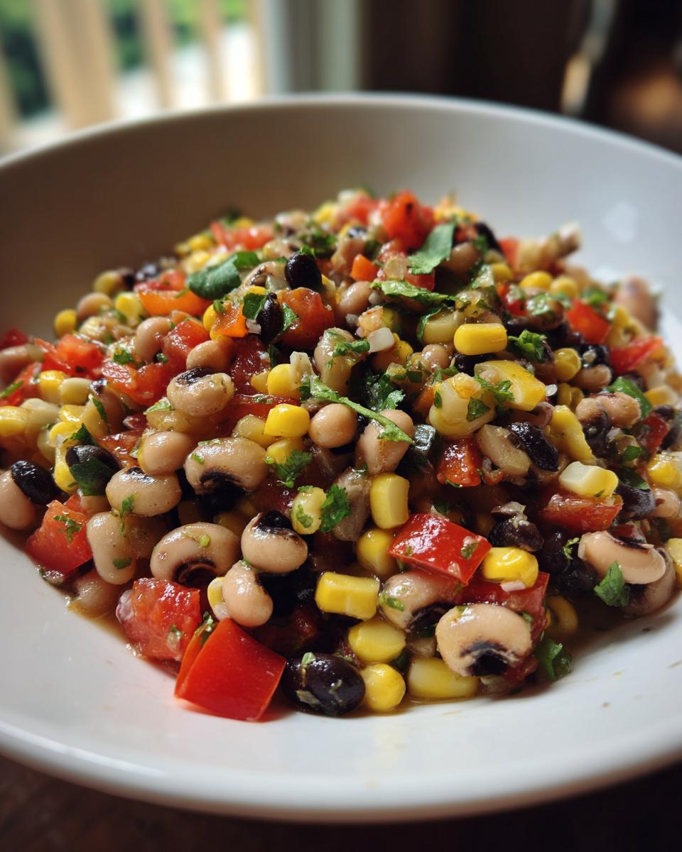 Close-up of a vibrant cowboy caviar recipe featuring black-eyed peas, corn, diced tomatoes, and cilantro in a white bowl.