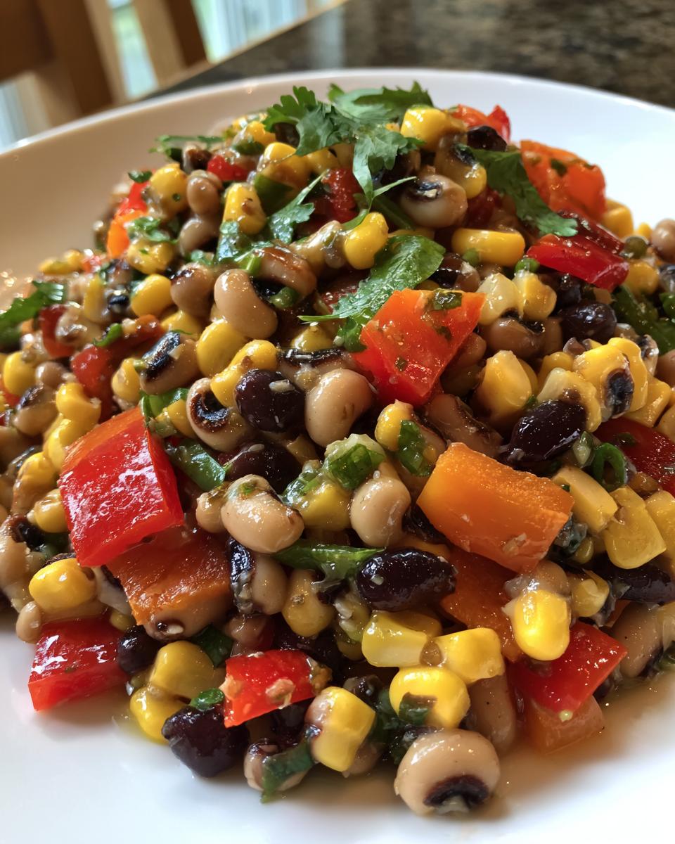 Close-up of a vibrant cowboy caviar recipe featuring black-eyed peas, corn, black beans, and diced red peppers.