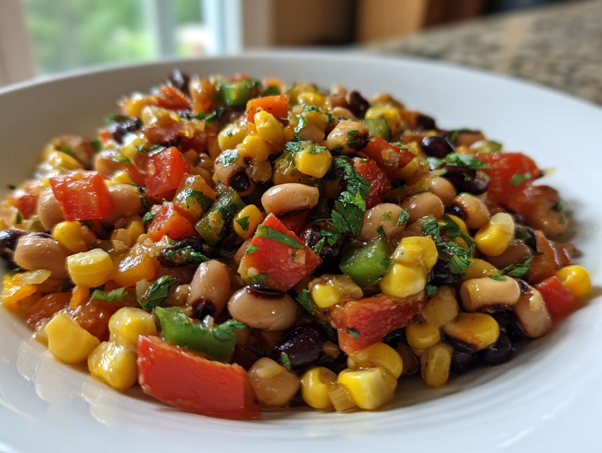 A close-up of a vibrant cowboy caviar recipe featuring black beans, corn, tomatoes, and peppers in a white bowl.