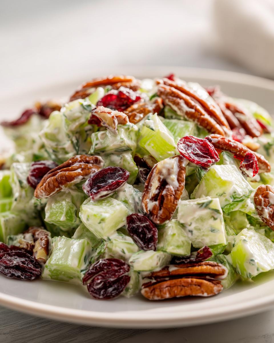 Close-up of a creamy celery salad featuring chopped celery, pecans, and dried cranberries.