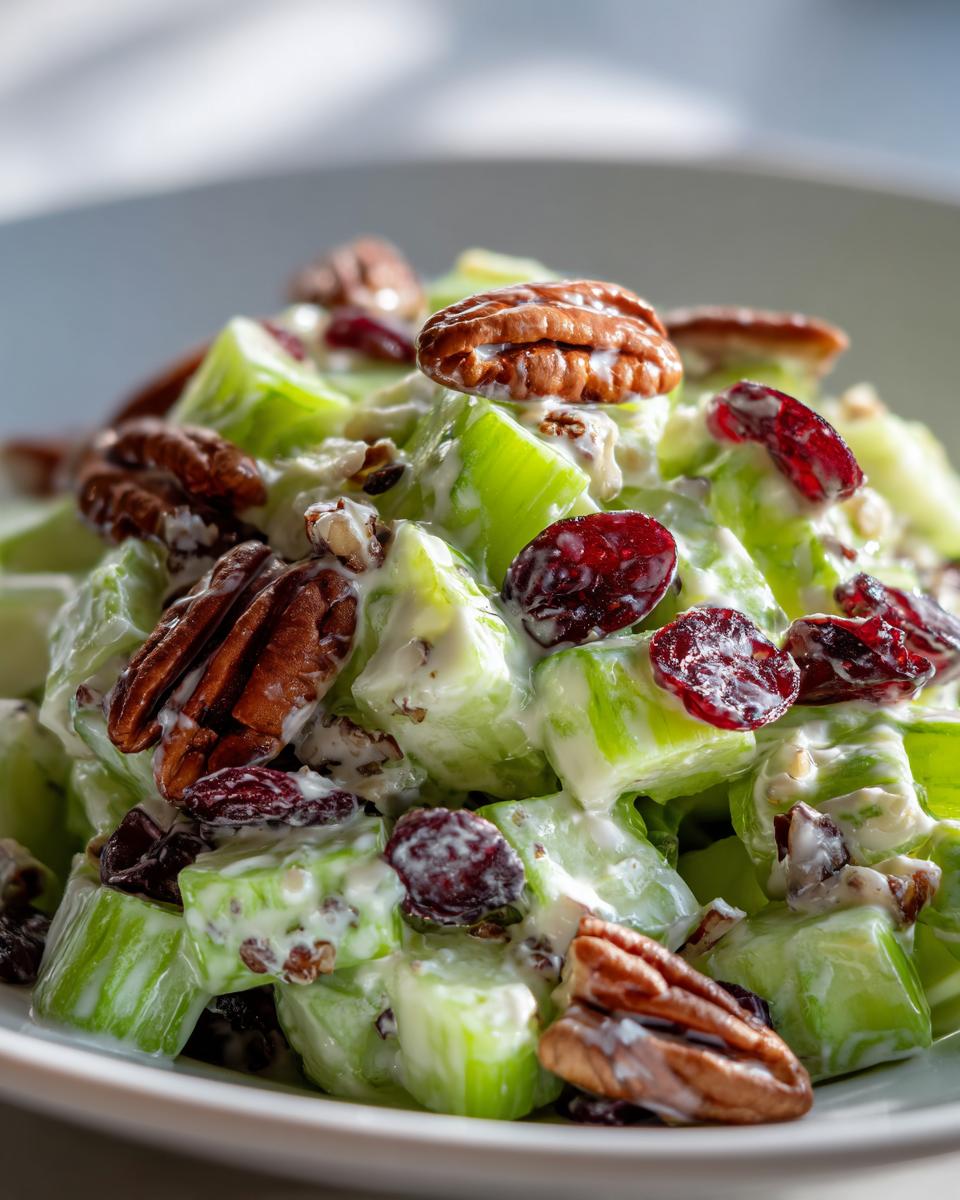 Close-up of a creamy celery salad featuring chopped celery, pecans, and dried cranberries.