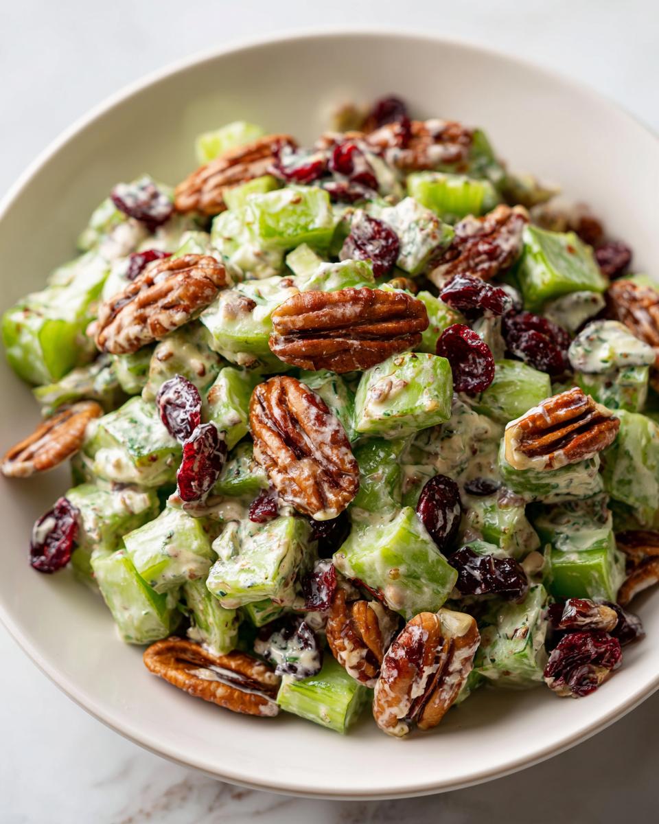 Close-up of a creamy celery salad mixed with pecans and dried cranberries, highlighting the crunch.