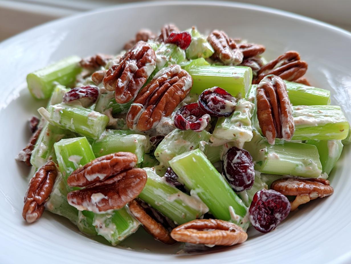 Close-up of a creamy celery salad featuring bright green celery sticks, whole pecans, and dried cranberries in a white bowl.