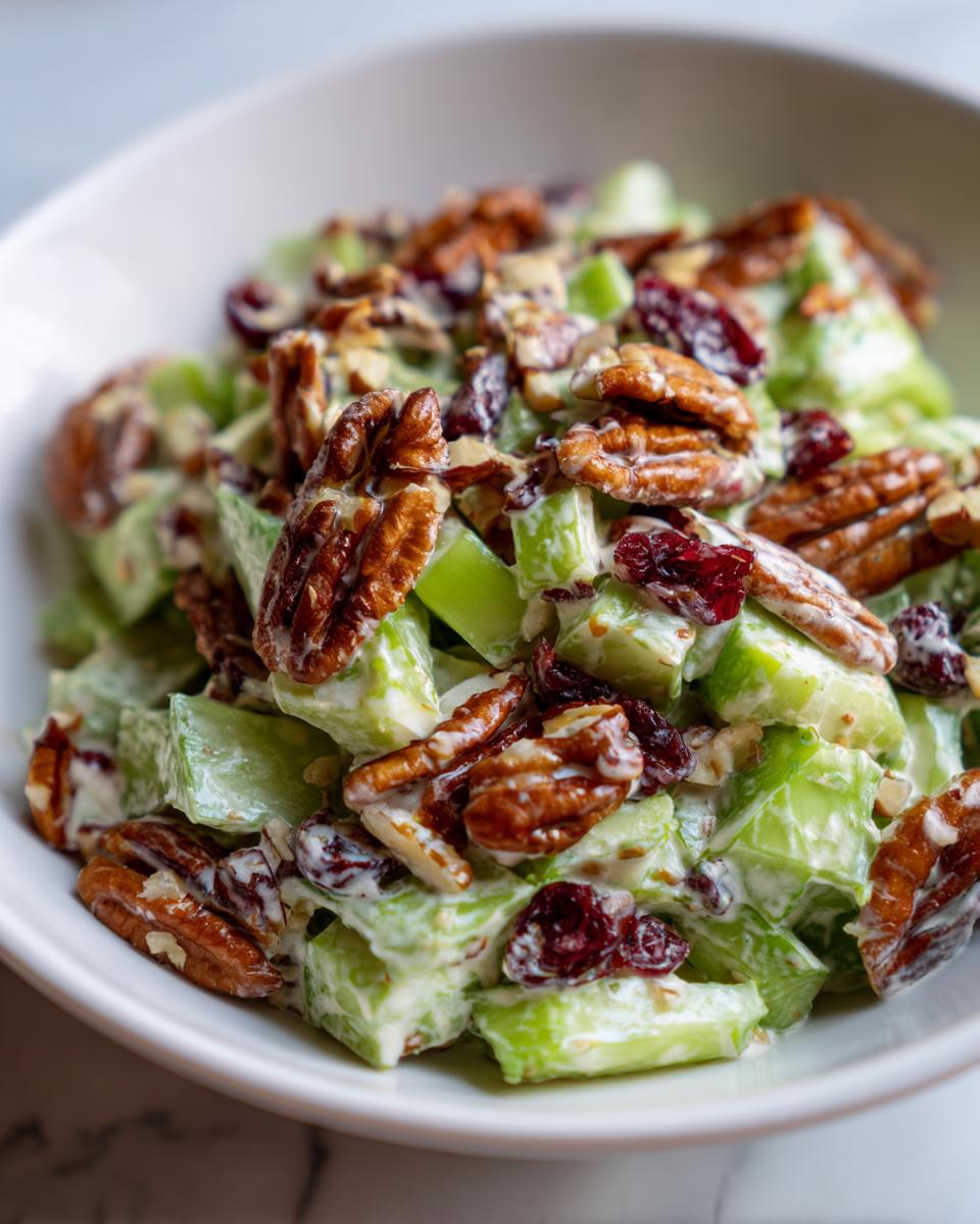 Close-up of creamy celery salad mixed with pecans and dried cranberries.