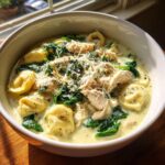 A close-up of creamy chicken tortellini soup topped with shredded chicken, wilted spinach, and grated Parmesan cheese.