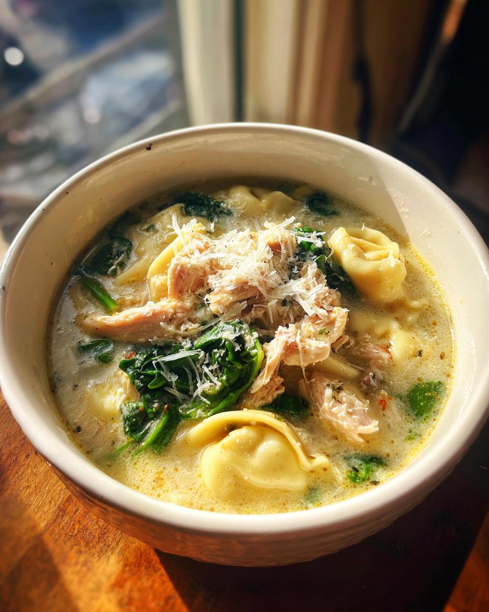 A close-up of creamy chicken tortellini soup topped with shredded chicken, spinach, and grated Parmesan cheese.