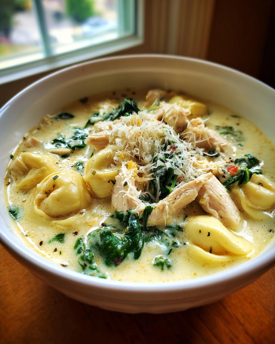 A close-up of creamy chicken tortellini soup topped with shredded parmesan cheese and fresh spinach.