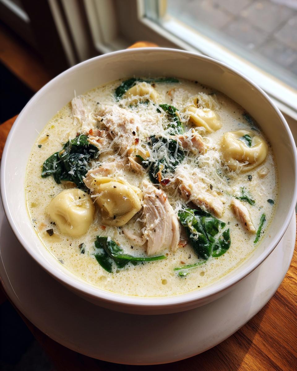 A close-up of a bowl of creamy chicken tortellini soup topped with shredded parmesan and spinach.