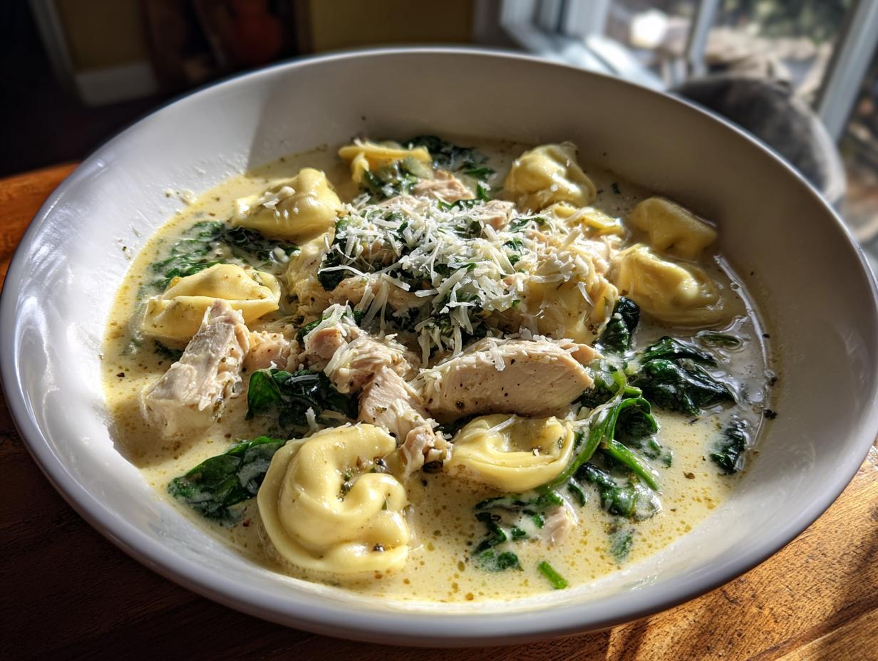 A close-up of a bowl of creamy chicken tortellini soup, filled with tortellini, shredded chicken, spinach, and topped with Parmesan.