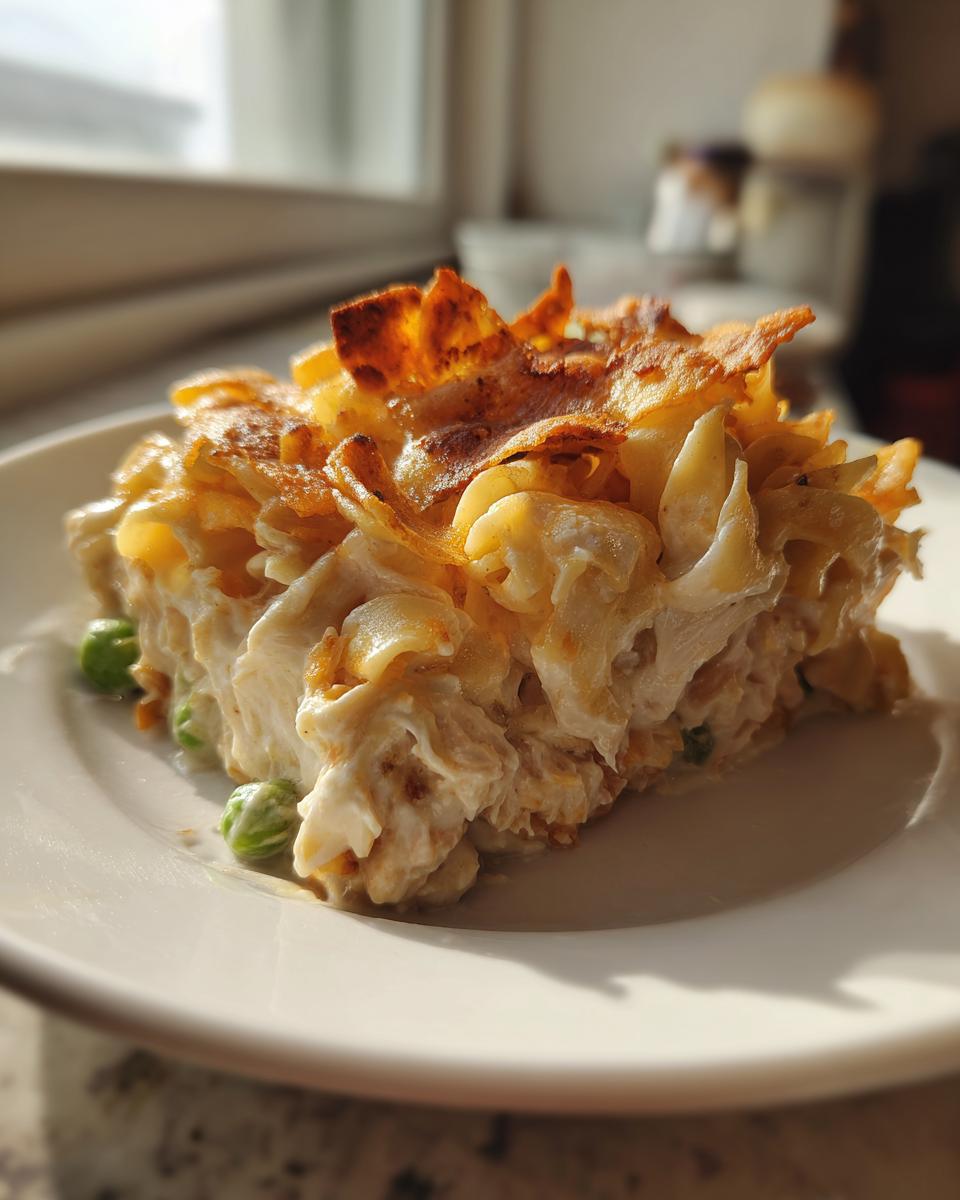A close-up serving of creamy tuna noodle casserole with egg noodles, peas, and a golden, crispy baked topping.