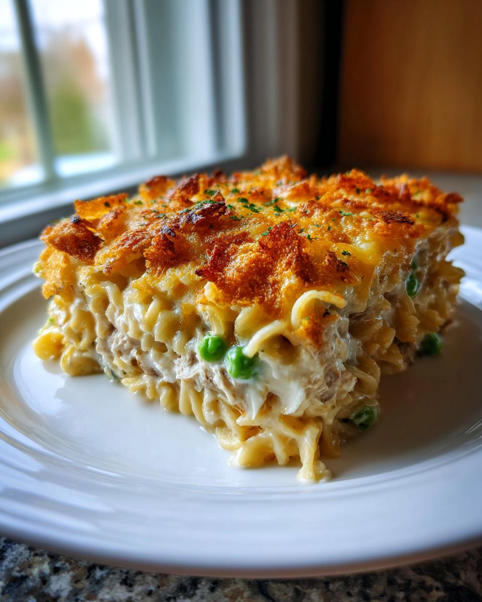 A square serving of creamy tuna noodle casserole with bright green peas and a golden, crispy topping.