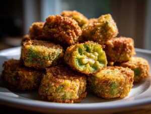 Close-up of golden brown, crispy fried okra pieces piled on a white plate, showing the green interior of one halved piece.