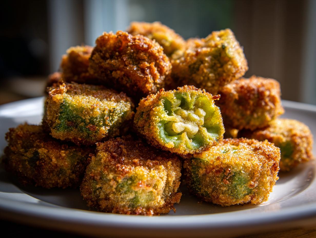 Close-up of golden brown, crispy fried okra pieces piled on a white plate, showing the green interior of one halved piece.