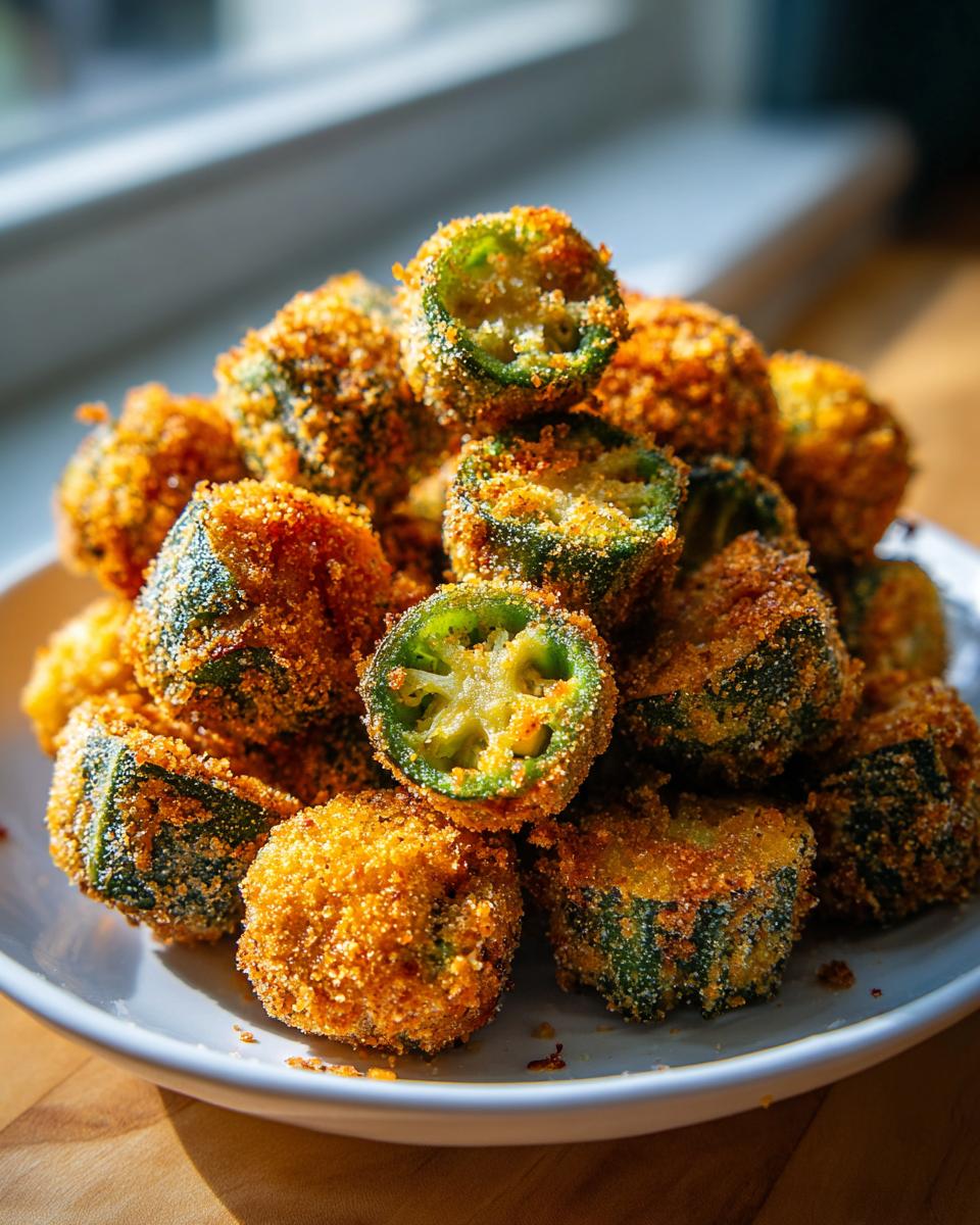 A pile of golden brown, crispy fried okra recipe pieces served on a white plate.