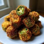 A pile of golden brown, crispy fried okra recipe pieces stacked on a white plate, showing the green interior of one cut piece.