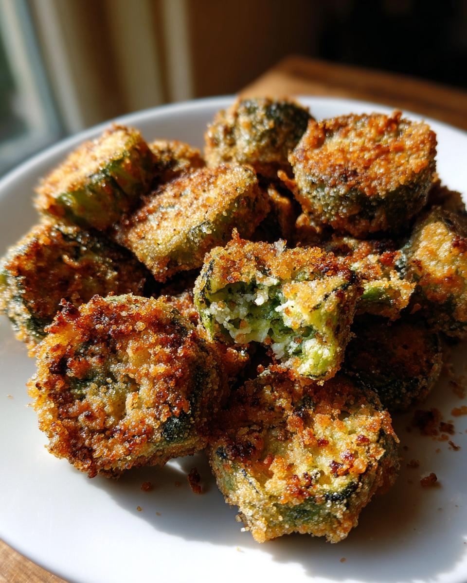 Close-up of perfectly golden brown, crispy fried okra recipe pieces piled on a white plate.