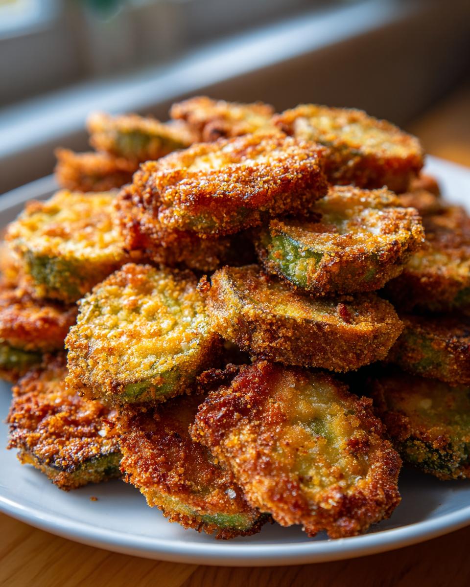 A close-up stack of golden brown, crispy fried okra recipe slices piled high on a white plate.