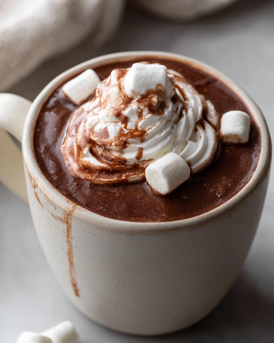 Close-up of rich crockpot hot chocolate topped with whipped cream and mini marshmallows.