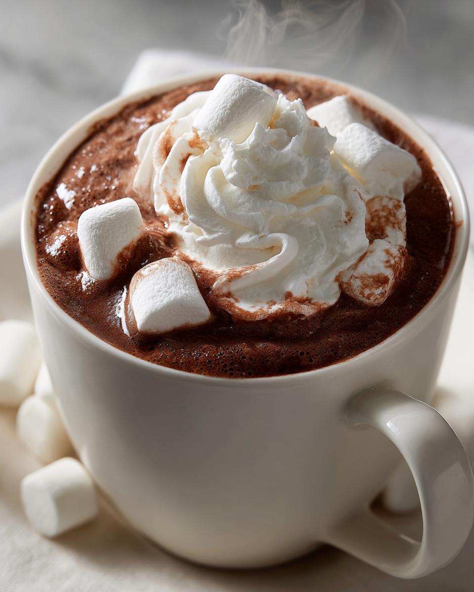 Close-up of a steaming mug filled with rich crockpot hot chocolate topped with whipped cream and marshmallows.