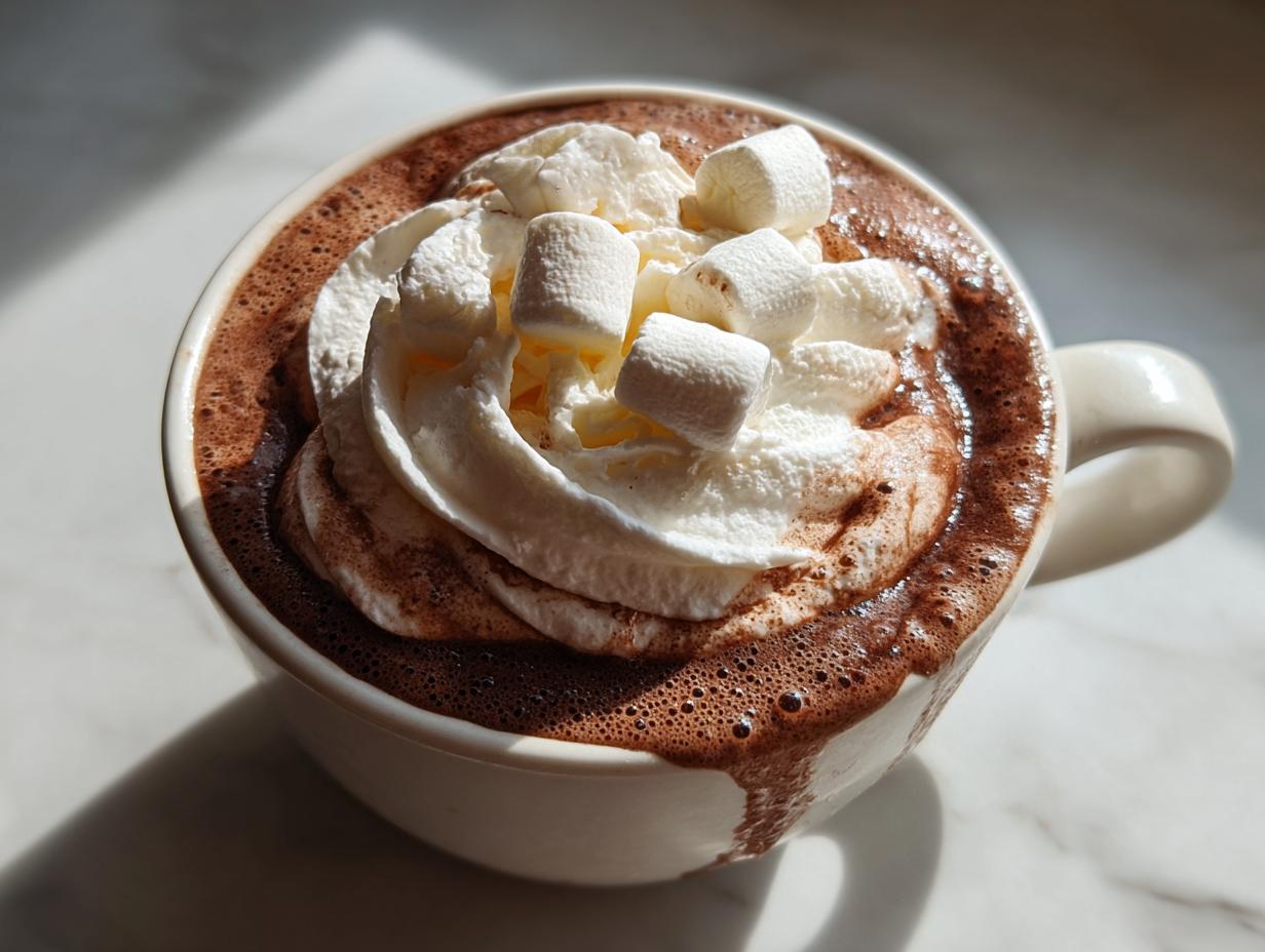 Close-up of a mug filled with rich crockpot hot chocolate, topped with whipped cream and mini marshmallows.