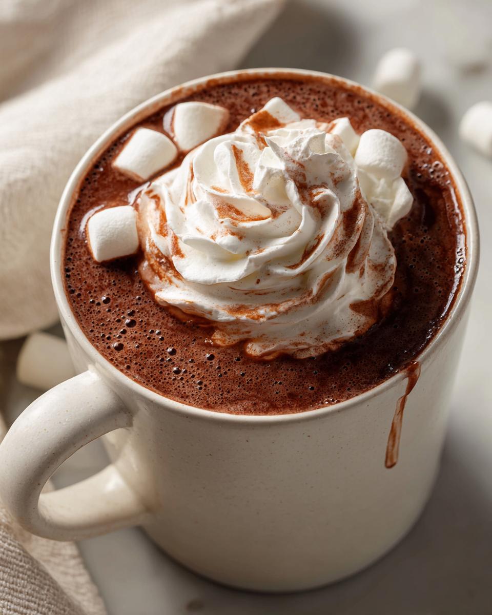 Close-up of a mug filled with rich crockpot hot chocolate topped with whipped cream and marshmallows.