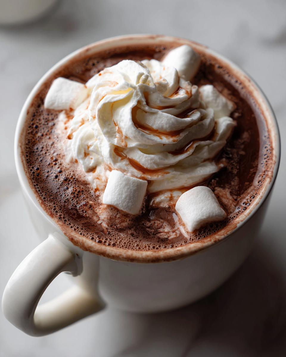 Close-up overhead view of a mug filled with rich crockpot hot chocolate topped with whipped cream and marshmallows.