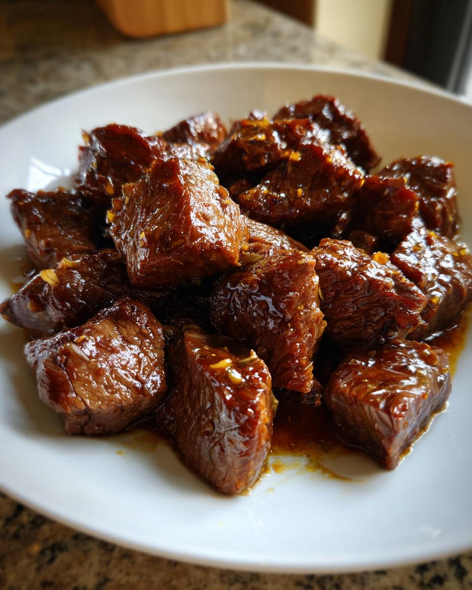 Close-up of tender, glazed crockpot steak bites served on a white plate.