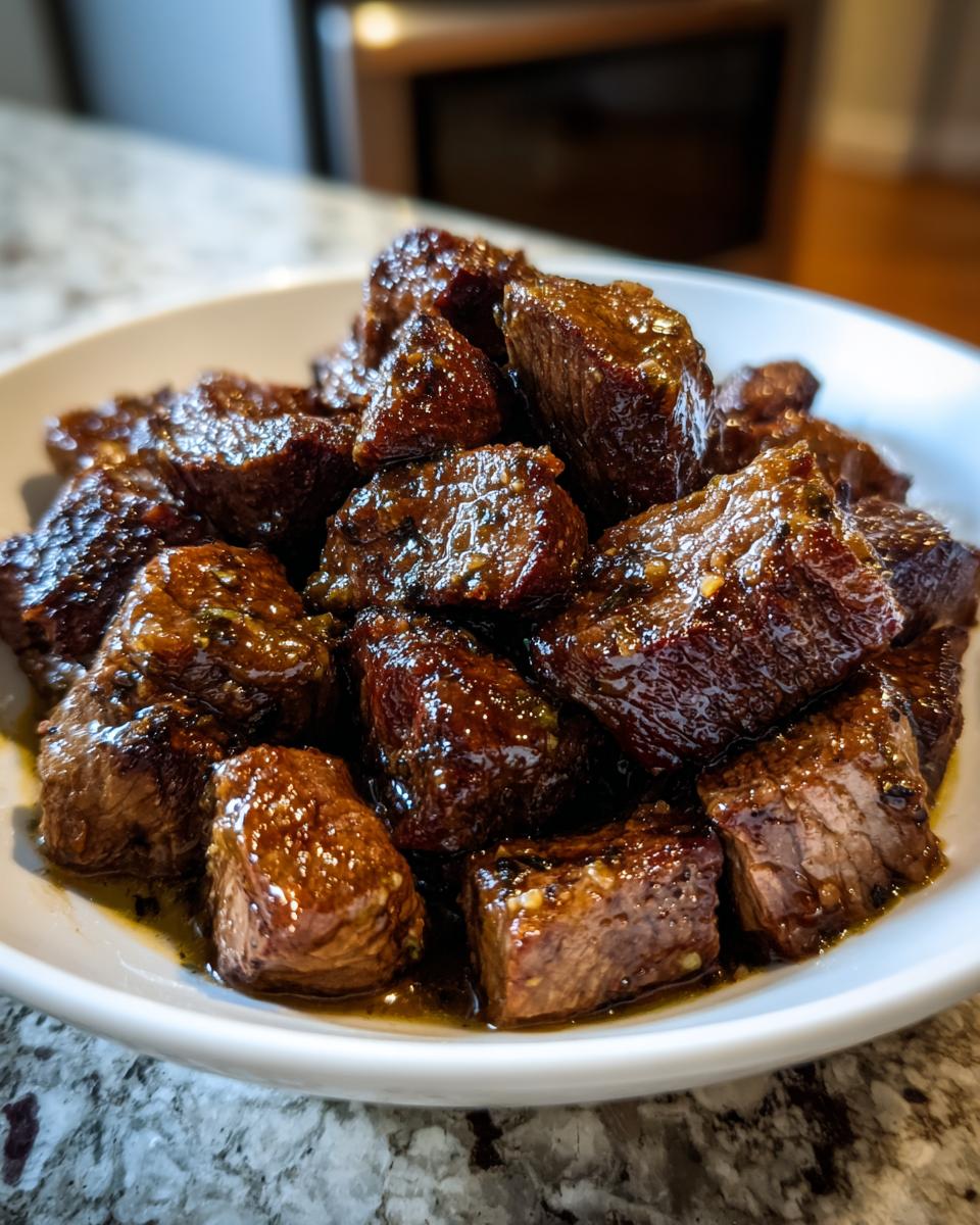 Close-up of tender, glazed crockpot steak bites piled high in a white bowl.
