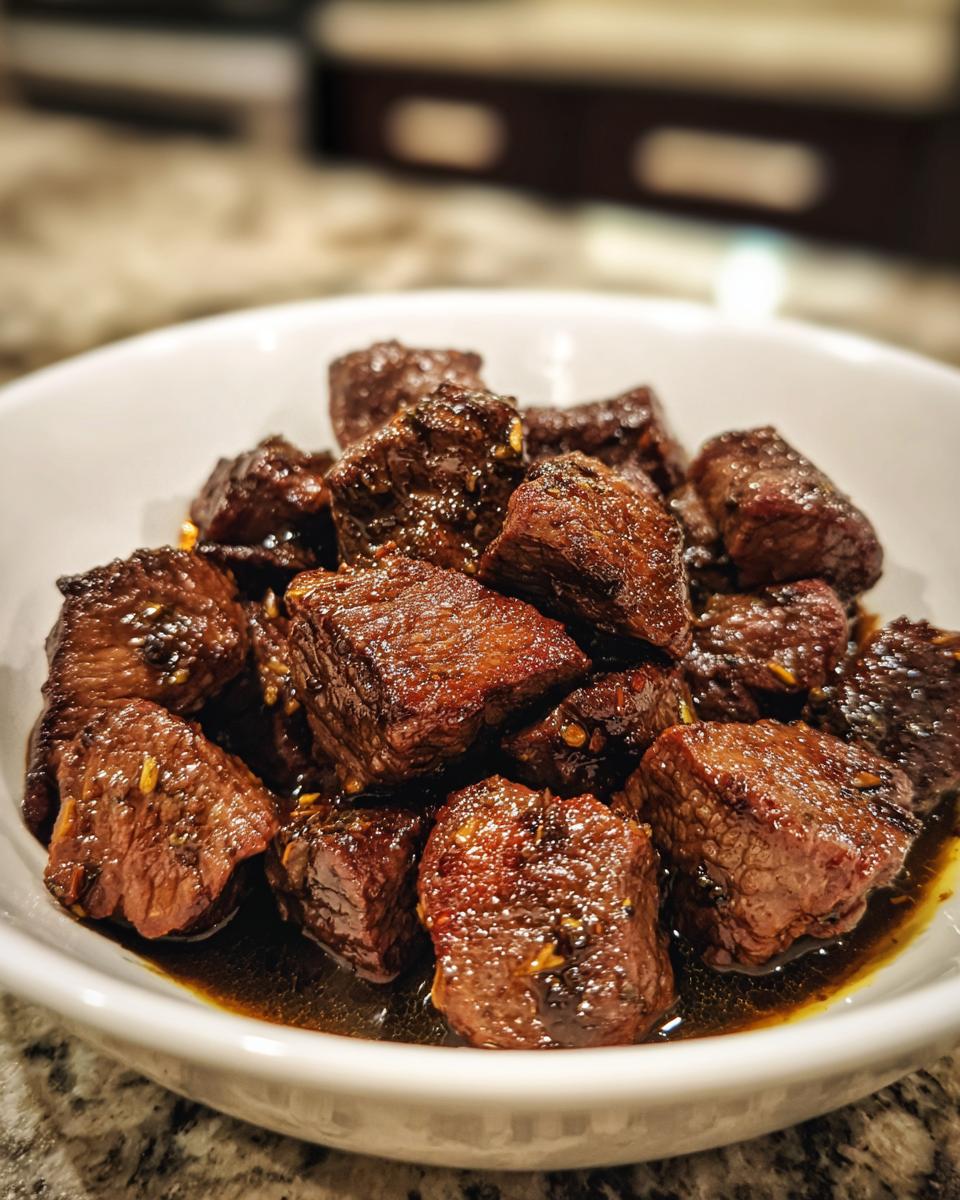 Close-up of tender, glazed crockpot steak bites served in a white bowl with savory sauce.