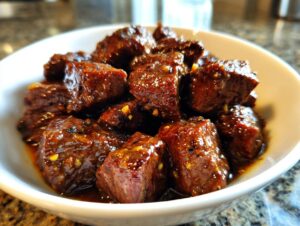 Close-up of tender, glazed crockpot steak bites served in a white bowl.