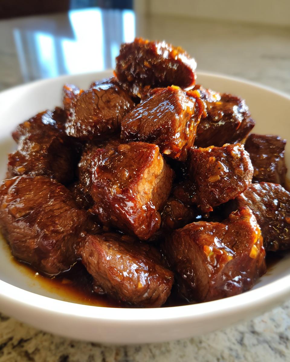 Close-up of tender, saucy crockpot steak bites piled high in a white bowl.