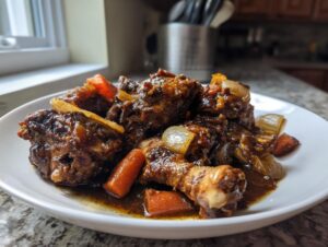 Close-up of rich brown stew chicken pieces with carrots and onions in a dark sauce on a white plate.
