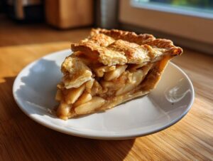 A perfect slice of amazing apple pie showing a flaky crust and thick apple filling, sitting on a white plate.