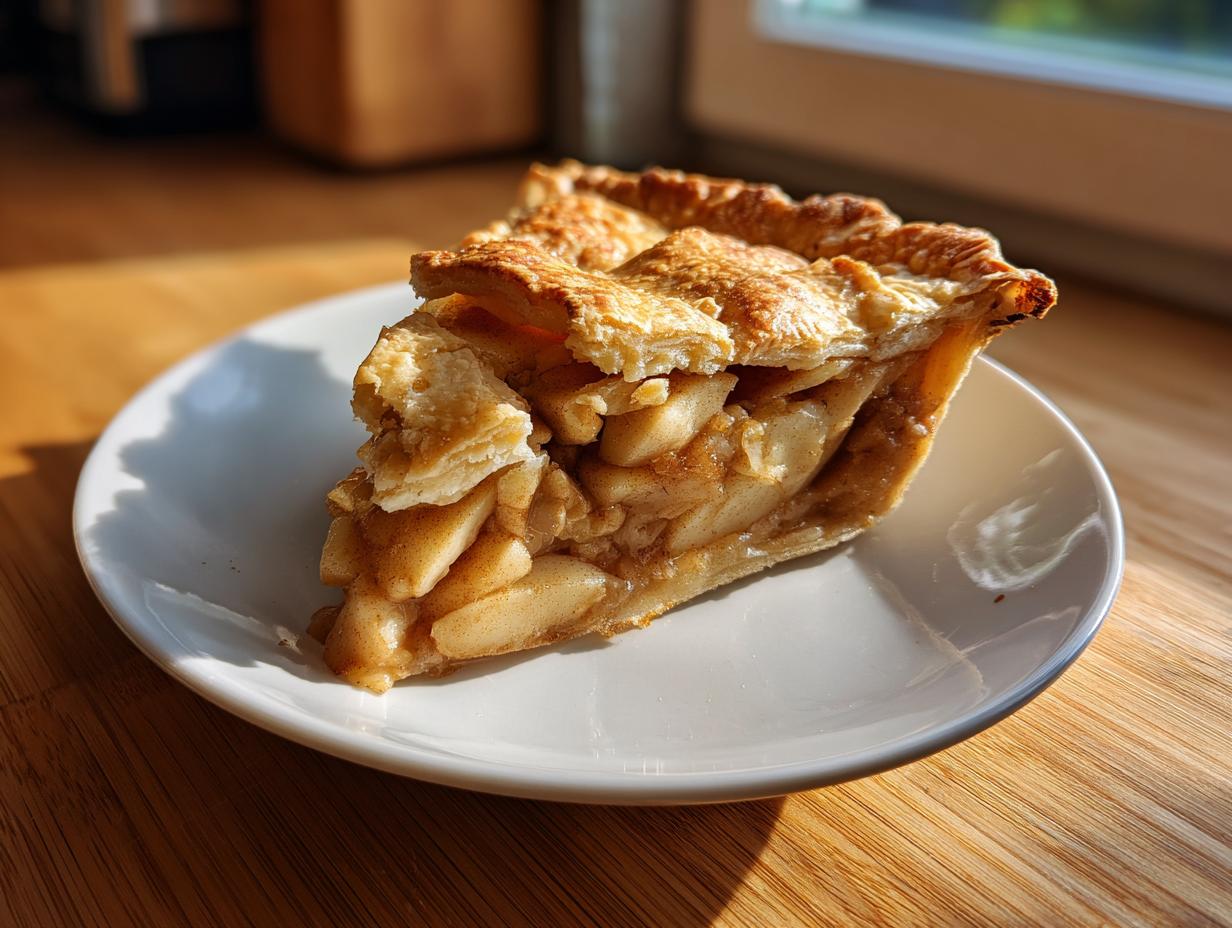 A perfect slice of amazing apple pie showing a flaky crust and thick apple filling, sitting on a white plate.