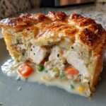A close-up cross-section of a homemade chicken pot pie showing chunks of chicken, carrots, and peas in creamy sauce spilling out.