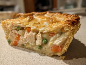 Close-up of a thick slice of chicken pot pie showing flaky golden crust and creamy filling with chicken, carrots, and peas.