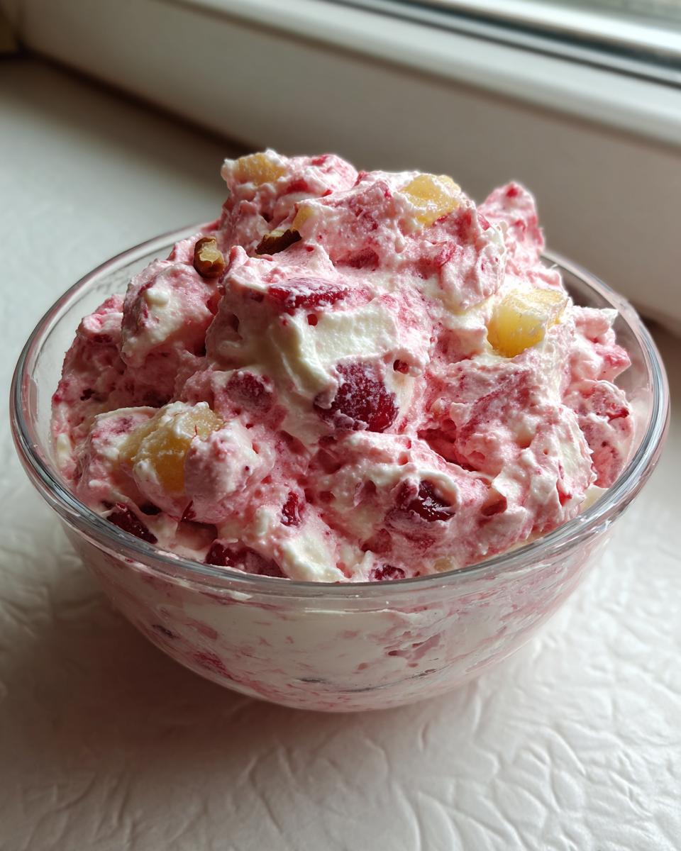 Close-up of a fluffy, pink cranberry salad mixed with whipped cream, pineapple chunks, and pecans in a clear glass bowl.