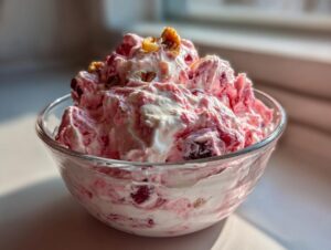 A close-up of a bowl filled with fluffy pink cranberry salad topped with walnuts, brightly lit by a window.