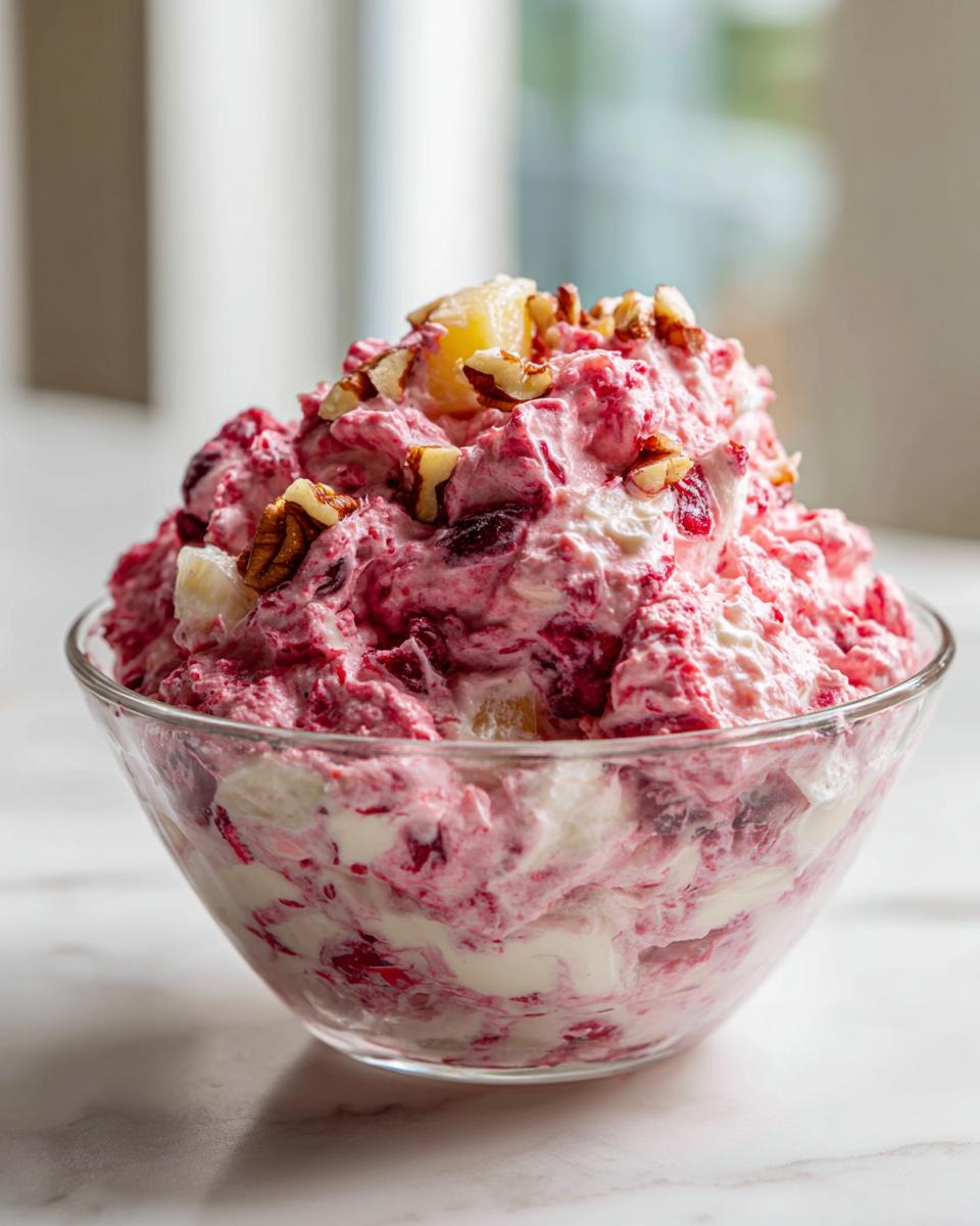 A close-up of a fluffy, pink cranberry salad mixed with cream, topped with pecans and pineapple chunks.