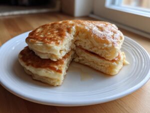 Close-up of fluffy oatmeal pancakes stacked and cut open, showing the soft interior and syrup.