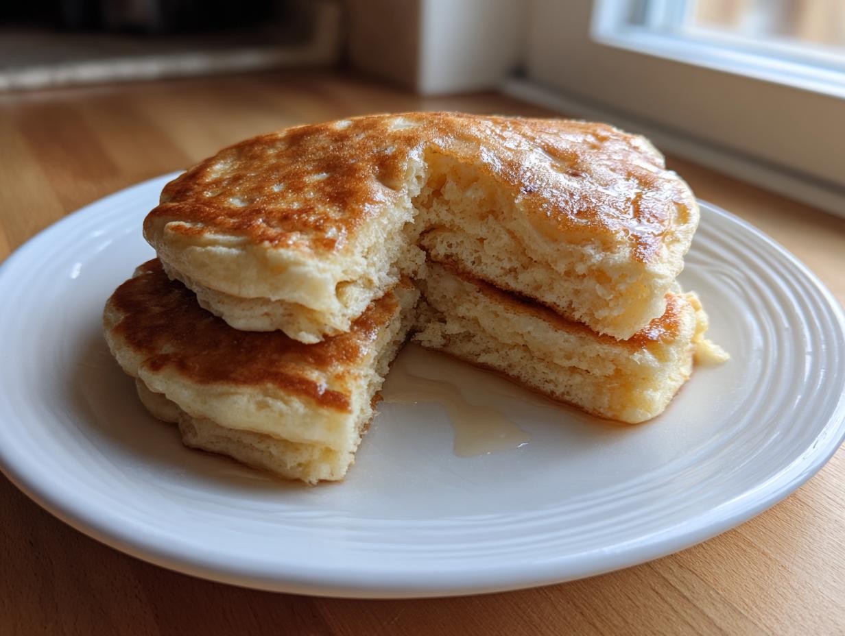 Close-up of fluffy oatmeal pancakes stacked and cut open, showing the soft interior and syrup.