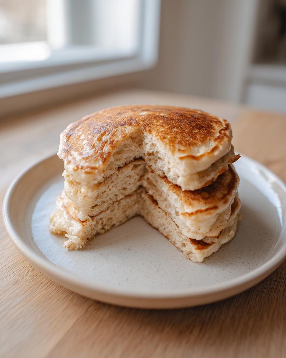 A stack of fluffy oatmeal pancakes with a wedge removed, showing the soft interior texture.