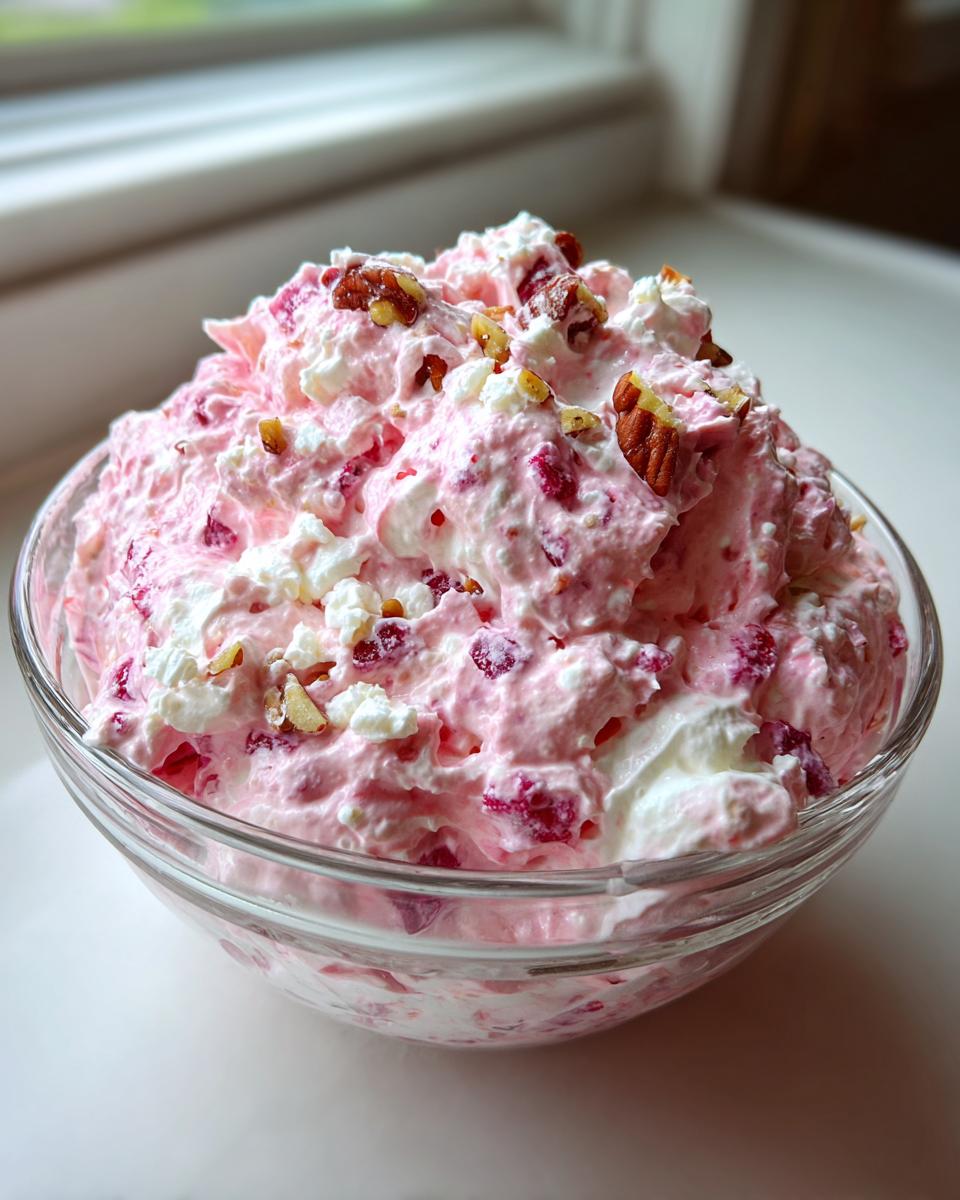 A close-up of fluffy pink cranberry salad mixed with whipped topping and topped with pecans in a clear glass bowl.