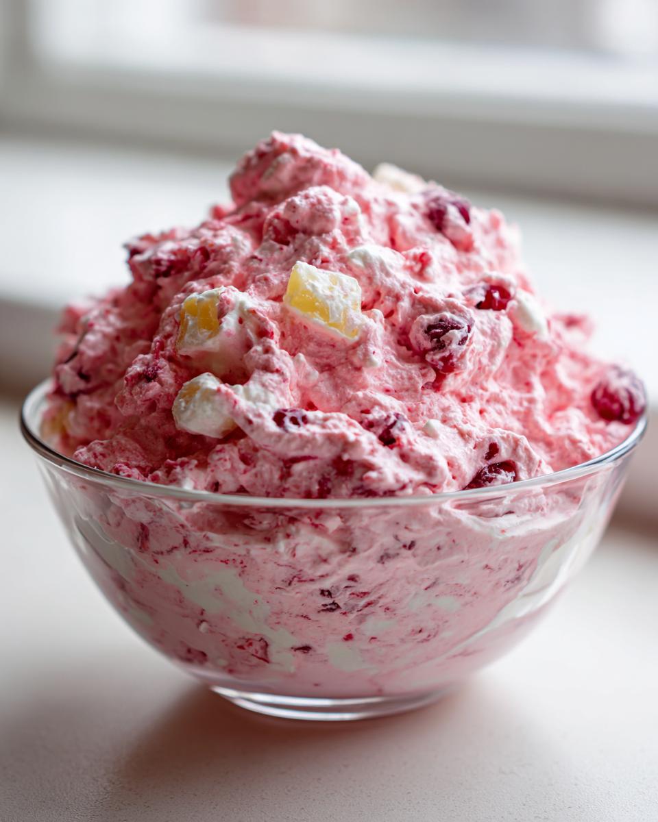 A large glass bowl filled with fluffy pink cranberry salad mixed with visible cranberries and pineapple chunks.